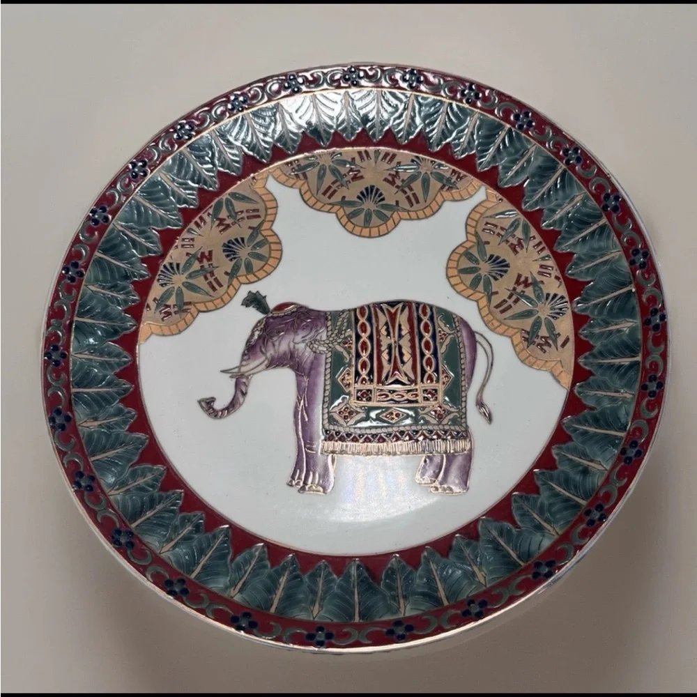 Elegant Elephant Decorative Plate with Red and Green Details